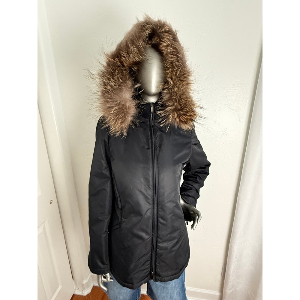 Ann Taylor Black Winter Parka Jacket with Real Fur Trimmed Hood - Size M